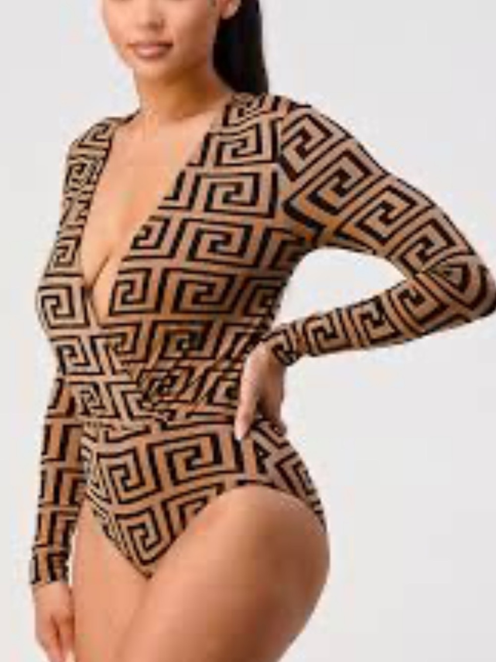Windsor Black and Tan Geometric Long Sleeve Bodysuit